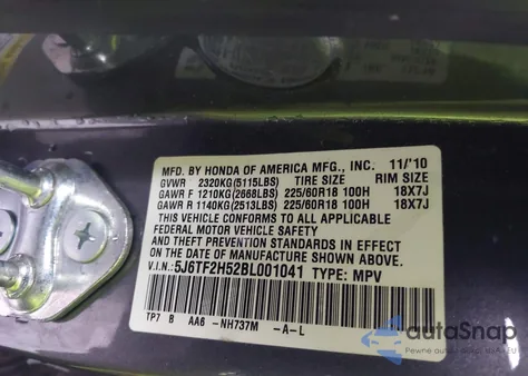 2011 Honda Accord Crosstour Ex-L из США, поврежденный, VIN 5J6TF2H52BL001041